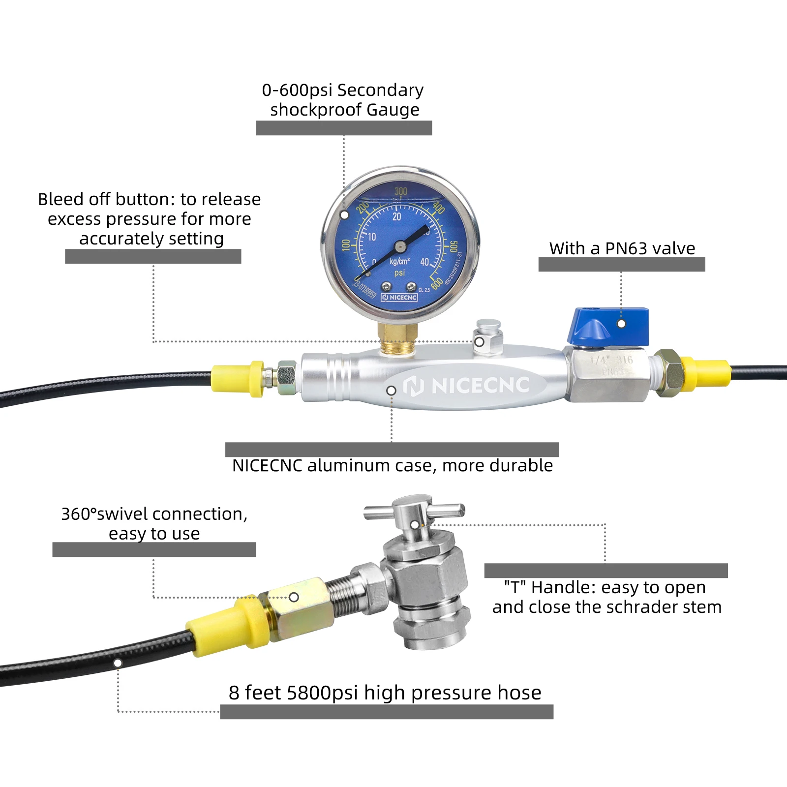 Nitrogen Shock Fill Tool With 2" 600psi Gauge Schrader Valve For Polaris RZR Raptor FOX ATV UTV Yamaha Honda Suzuki Kawasaki - Image 5