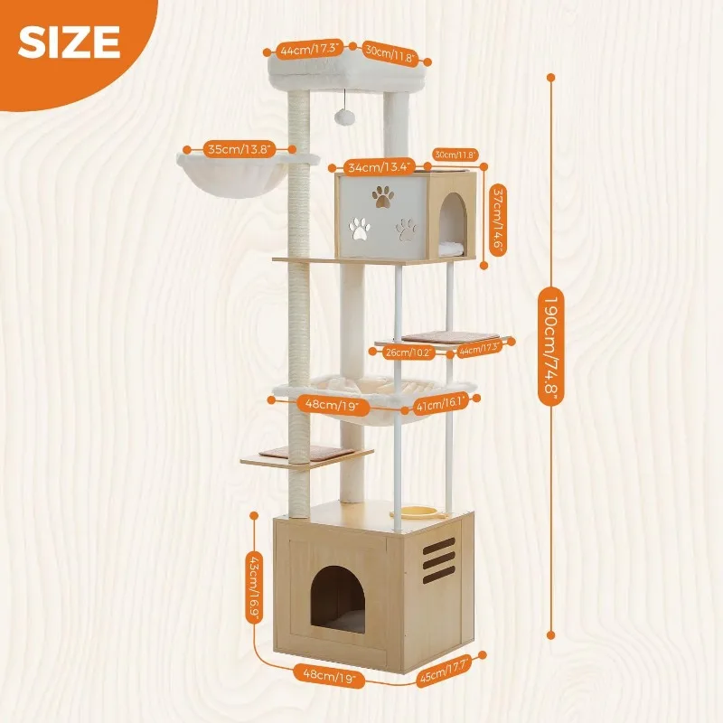 PAWZ Road Large Cat Tree with Food Station,74.8 Inches Wooden Tall Cat Tower with Extra Large Condos and Hammocks,Spacious Perch