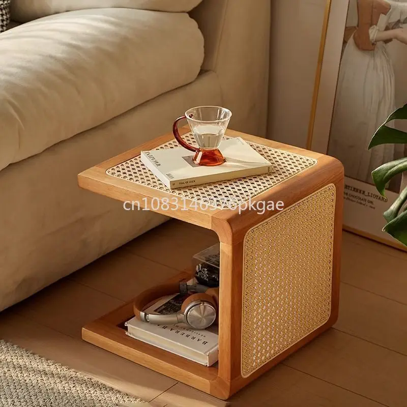 Pure Solid Wood Rattan Vintage Japanese Style Nightstand Homestayhome Multi-functional Coffee Table for Shoe Stool