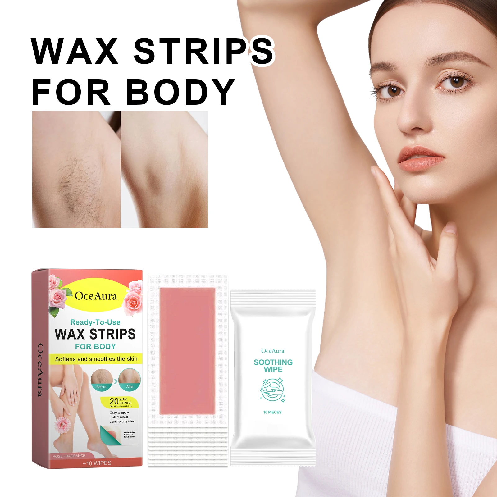 

Oce Aura 20+10 Wet Wipes Rose Hair Removal Wax Strips for Legs Full Body Depilatory Strips for Smooth Skin