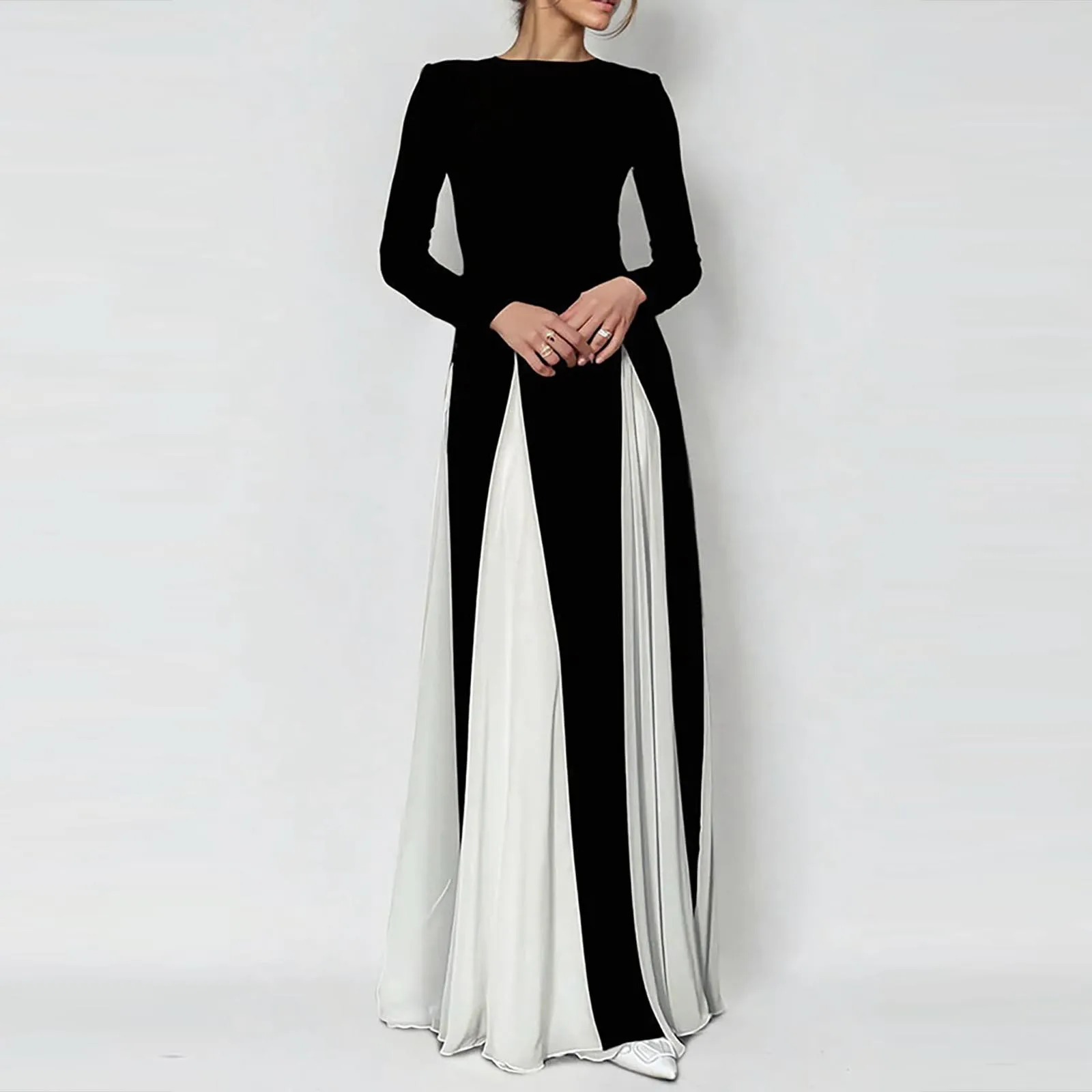 

Elegant Patchwork Pleated Maxi Dress Long Sleeve Bodycon High Waist Swing Dress Women Formal Party Evening A Line Dresses