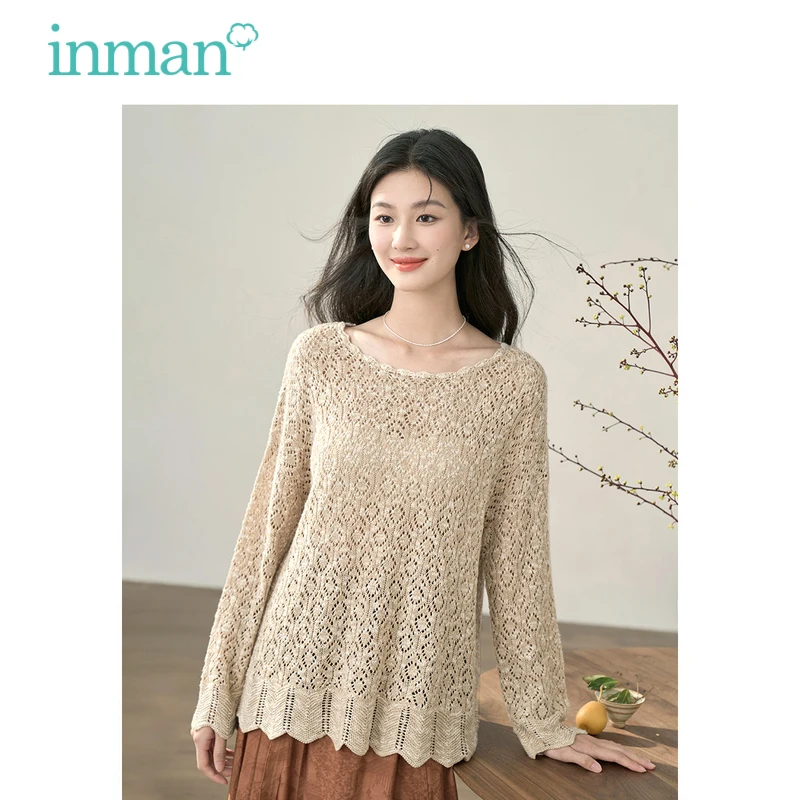 

INMAN Women Hollow Out Knit Shirt 2023 Autumn Long Sleeve Round Neck Loose Sweater Exquisite Patterns Fashion Casual Tops