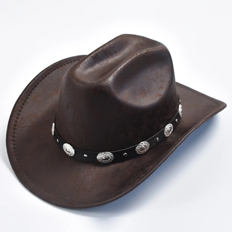 Unisex Faux Leather Western Cowboy Hat Vintage Gentleman Cowgirl Jazz Hat Sombrero Hombre