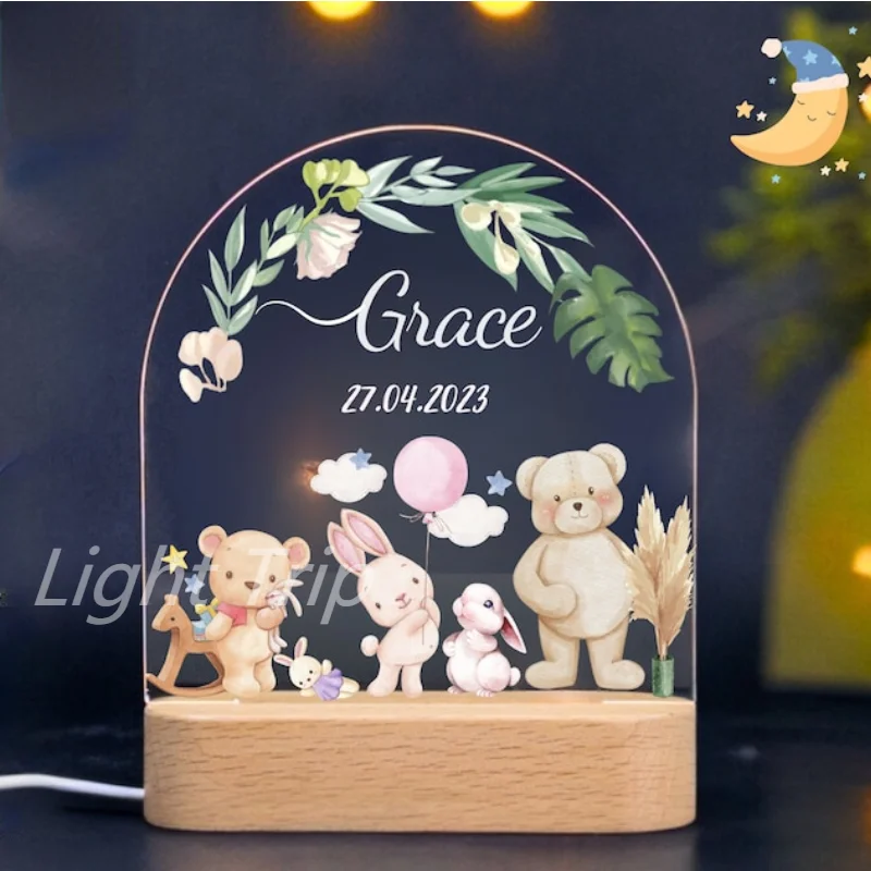 Personalized Safari Babies Night Lamp Custom Baby Birth Animal Lamp with Warm/RGB Lighting for Kids Bedroom Table Decor 20 Style