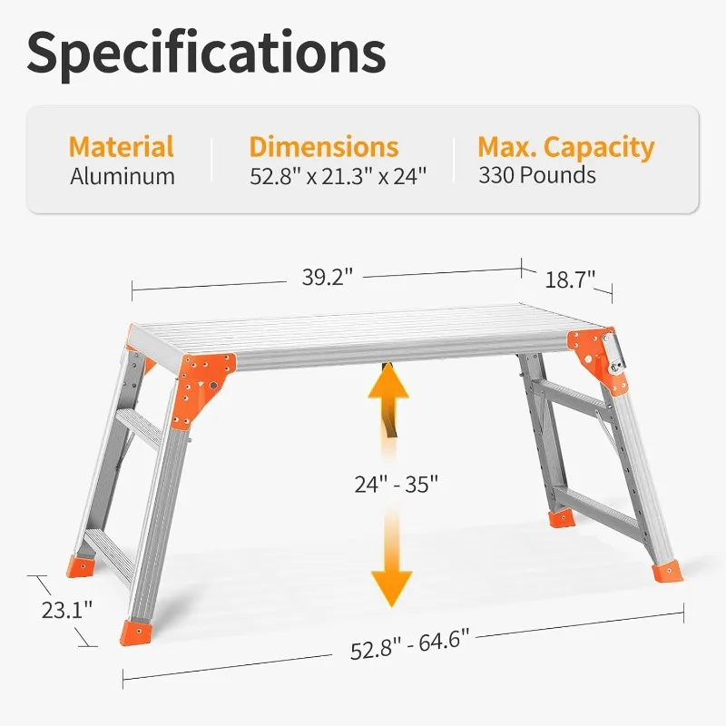 Multifunctional & Adjustable Work Platform with 330 Lbs Capacity, 24 To 35 Inches Step Ladder, Aluminum Folding Scaffolding