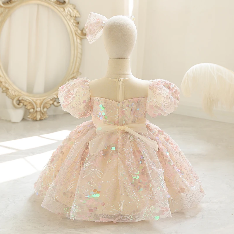 Little child Dress Handmade Sequin mesh pommel dress sweet and cute flower child bubble sleeve short style dinner dress 1309