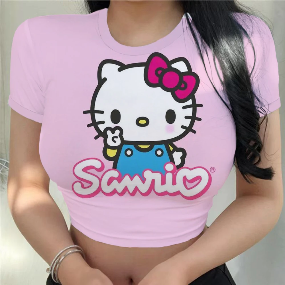 Crop Top Female Youthful Woman Clothes Kuromi Print Women's Short Sleeve Tight Fitting Clothing T-Shirts Summer Tee Shirt 2024