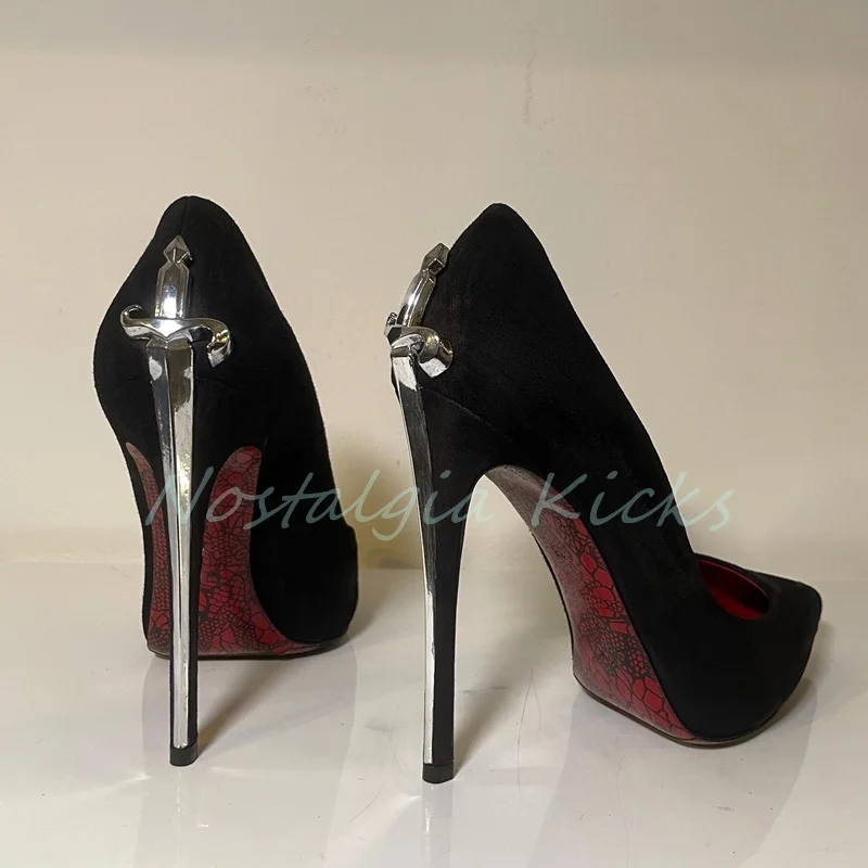 Fashion Suede Stiletto Heel Sword Design Pumps Pointed Toe Metal Embellished Elegant Evening Shoes Party Ladies Dress Shoes
