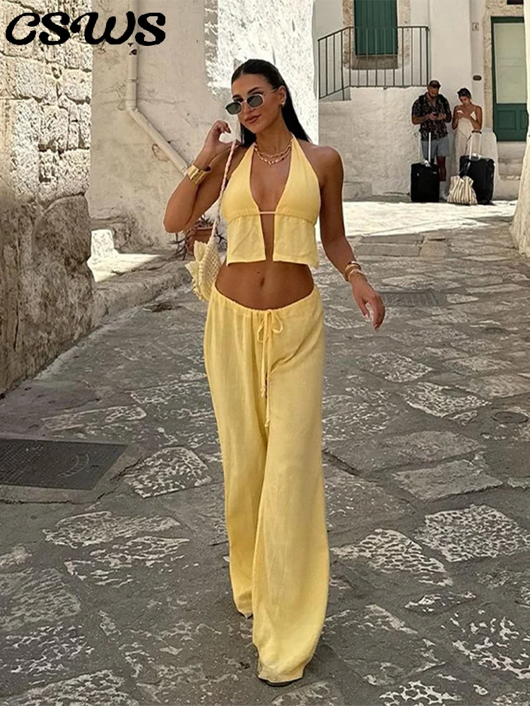 Elegant Halter Lace Up Vest Set Women Holiday Yellow Hallow Out V-neck Tank Drawstring Loose Pants 2025 Fashion Solid Suit Lady