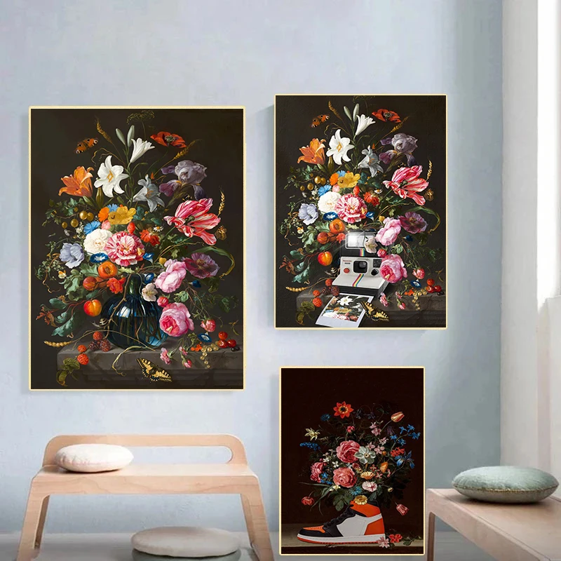 

Classical Vintage Flower Canvas Painting Wall Decor Still Life with Flowers In Glass Vase Nordic Art Poster Print Picture