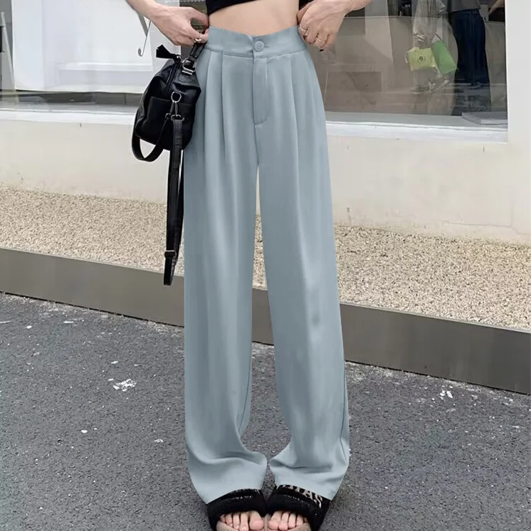 Slim Wide Leg Pants Women's Trousers Spring Autumn Drape Straight Loose Suit Pants Blue New Model 2026 mid Waist Long Trousers