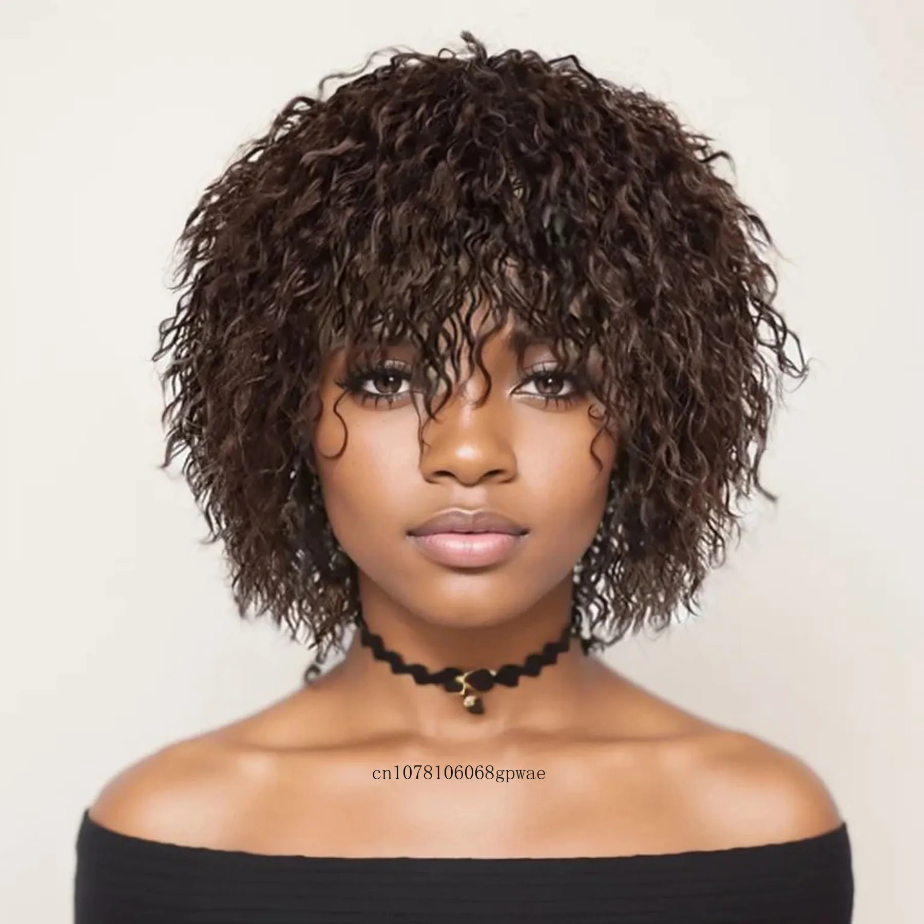

Synthetic Short Curly Brown Wig for Black Women Afro Hair Messy Perm Curls Fluffy Female Wig with Bangs Cosplay Carnival Party