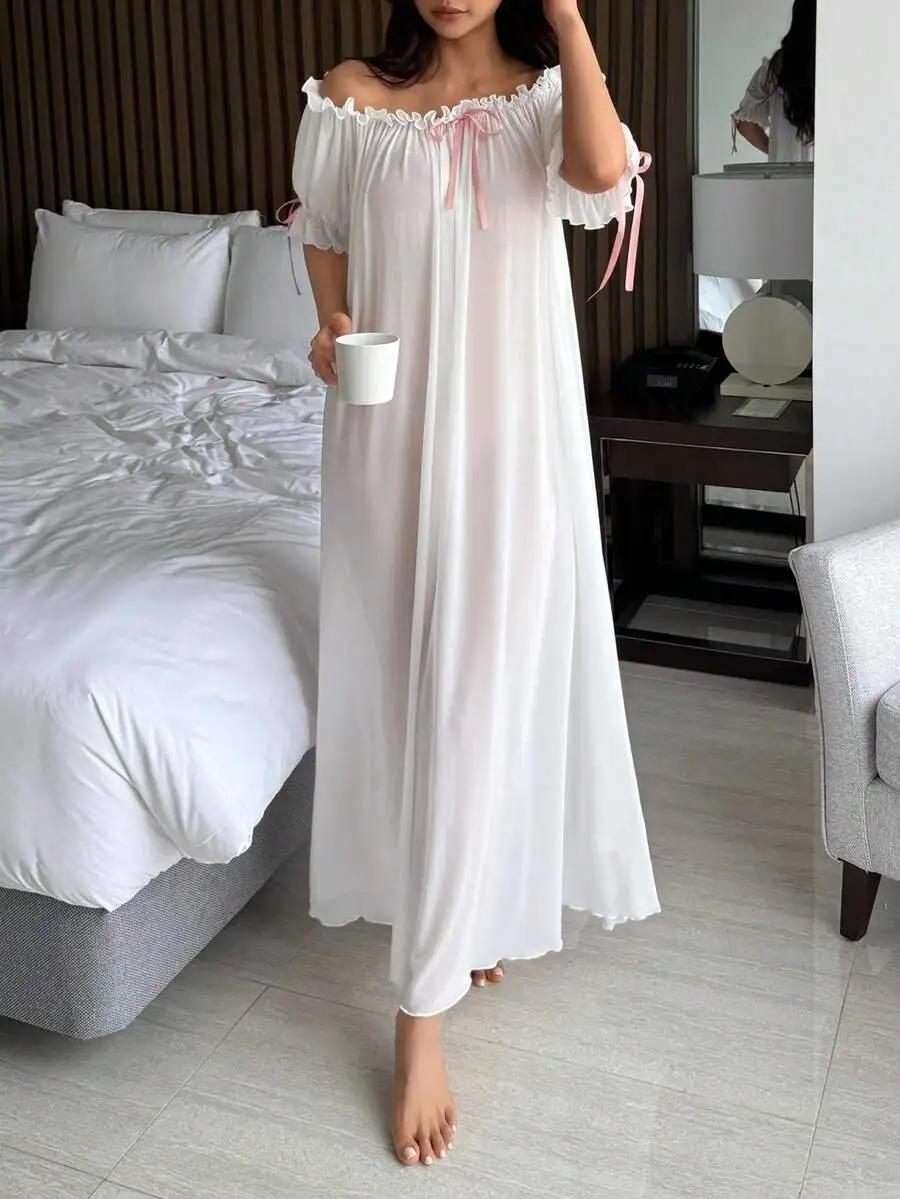 

Sheer Off Shoulder Ruffle Hem Long Nightgown For Women