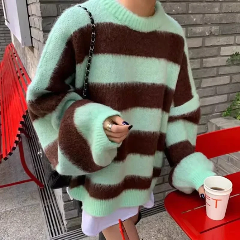 Vintage Lazy O-neck Striped Sweaters Mujer 2024 Autumn New Knitted Pullover Y2k E-girl Lantern Sleeve Loose Tops Women