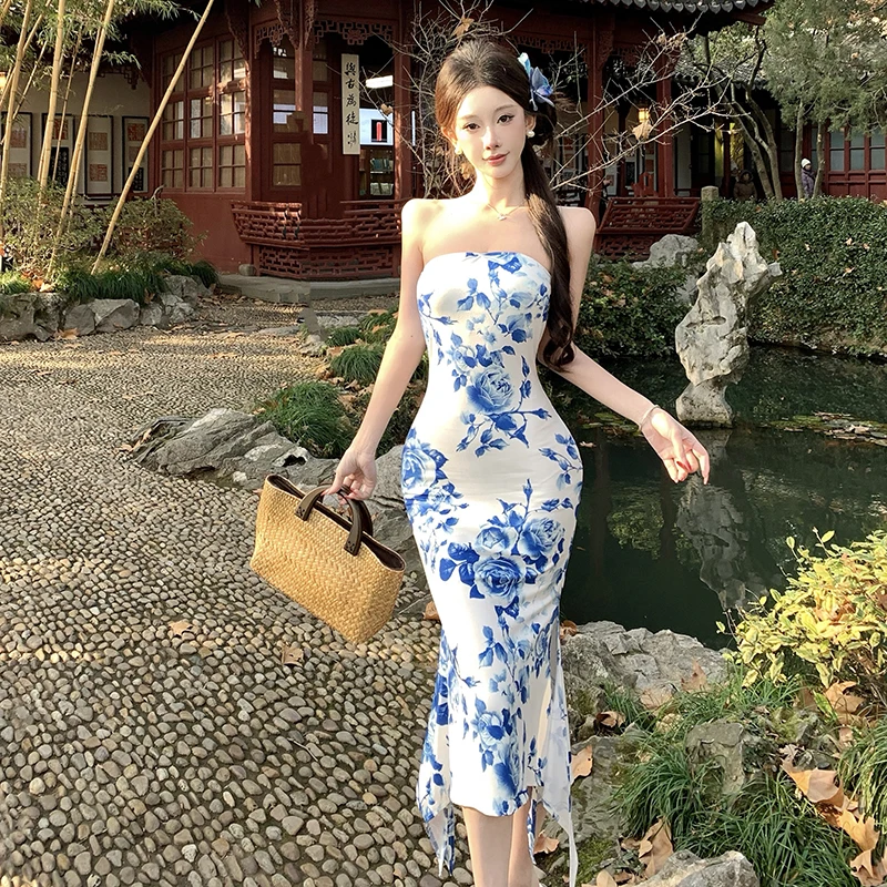 

Женское платье-ципао 2026: Элегантное, сине-белое, с принтом под фарфор, сексуальное, с завышенной талией, без бретелек, облегающее, приталенное, изящное