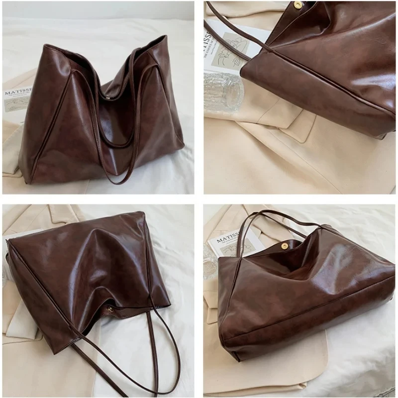 Bolsa de ombro de couro de grande capacidade para mulheres, sacola vermelha vintage, compradora atlética, bolsa simples Harajuku, casual na moda