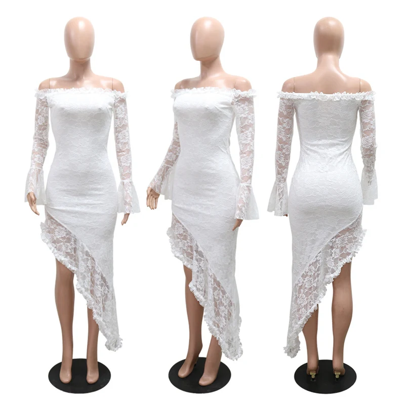 Sexy Off the Shoulder Long Sleeve Bodycon Maxi Dress Women Night Club Party Lace Hem Asymmetrical Prom Dress Vestidos Longos