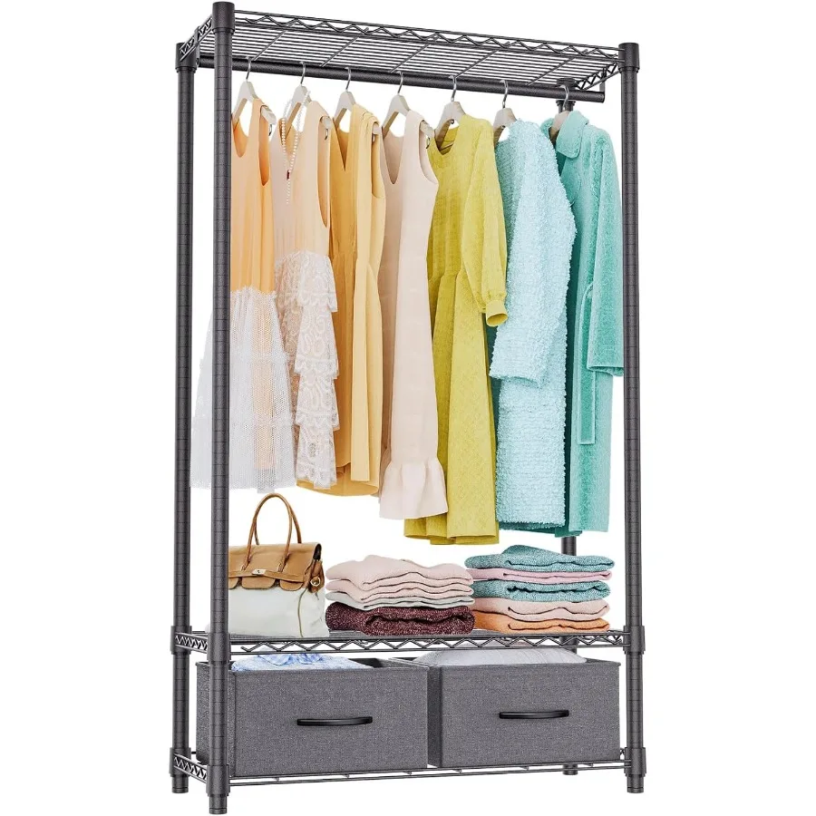 

Heavy Duty Garment Rack Wire Clothes Rack for Hanging Clothes Metal Freestanding Closet Wardrobe Rack with 1 Rod and 2 Drawers