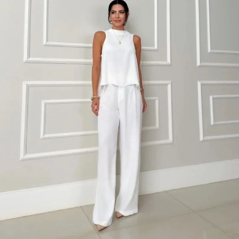 

Fashion New Two Piece Set Summer Loose Sleeveless O-neck Irregular Pullover High Waist Wide Leg Pants Suit For Women