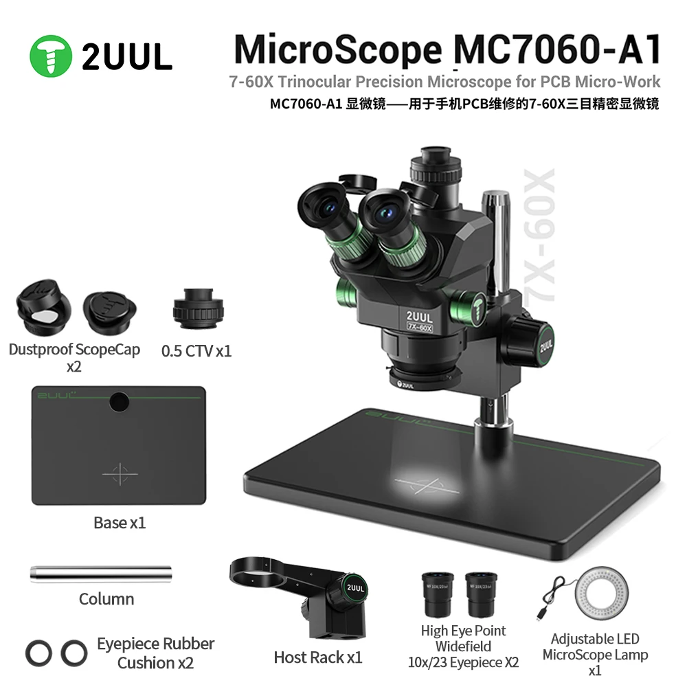 2UUL MC7060-A1 Trinocular Precision Microscope 7-60X for Mobile Phones Motherboard PCB Components Repair Microscope Tools