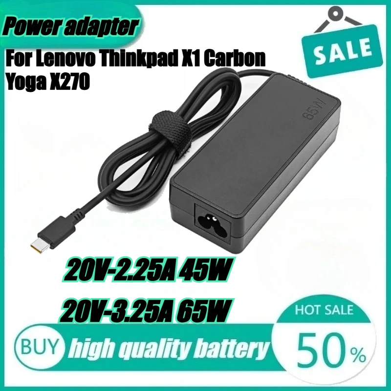 

65W Power Adapter 20V 3.25A USB Type-C AC Laptop Charger for Lenovo Thinkpad X1 Carbon Yoga X270 X280 T580 P51 P52s E480 E470 S2