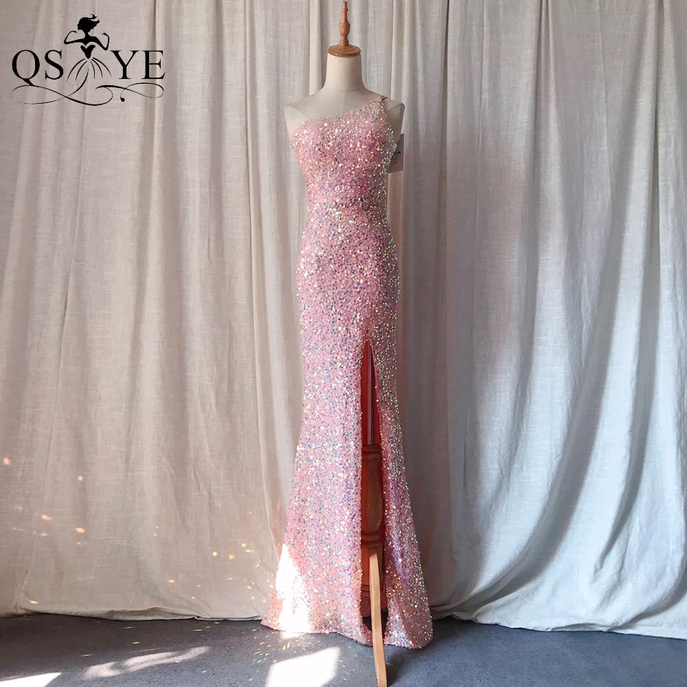 One Shoulder Pink Evening Dresses Sequin Mermaid Prom Gown Glitter Lace Long Formal Party Open Split Lady PinkFashion Dress Chic