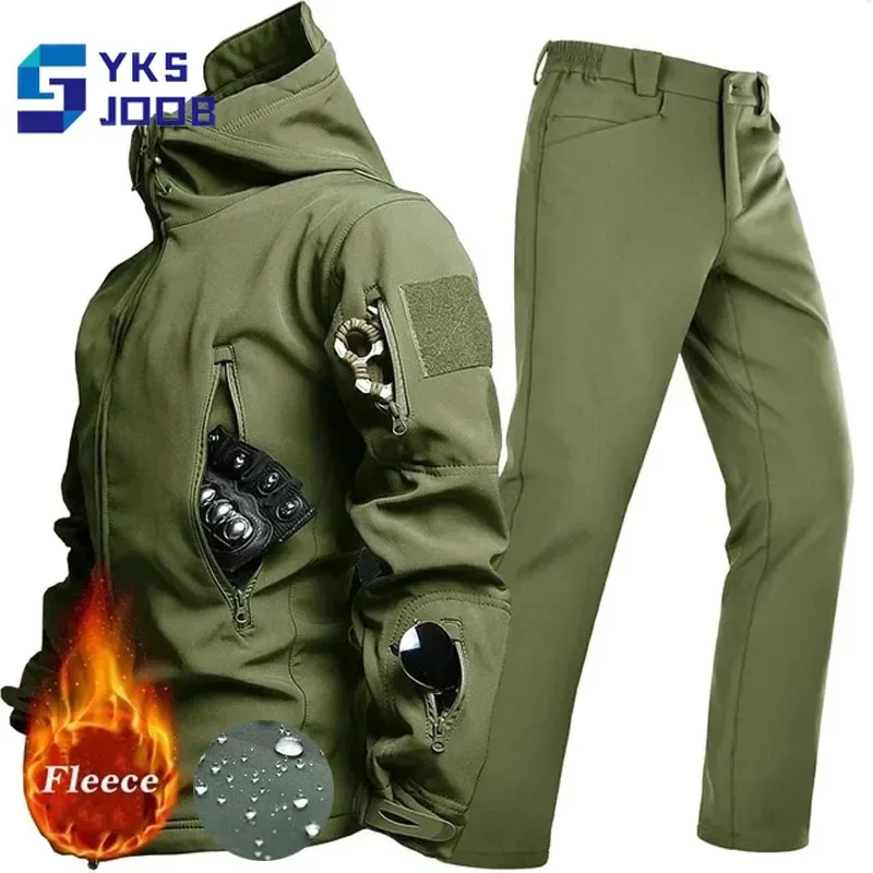 New Hiking Warm Sets Men Winter Tactical Windproof Waterproof Multi-pockets Suits Camping Treking Combat Hunting Fleece Set