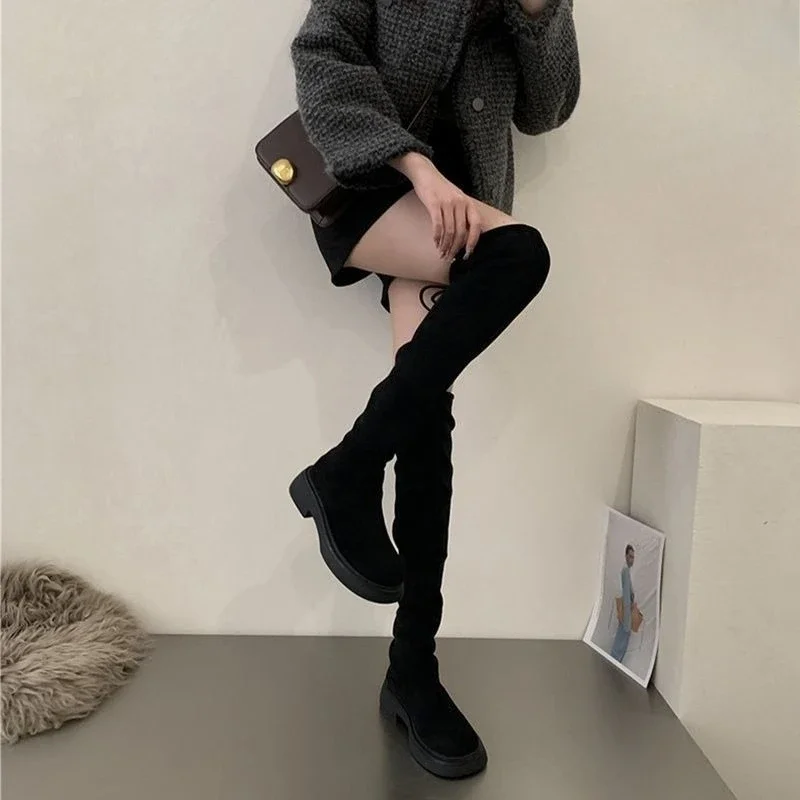 

Women's 2025 AW Design Over The Knee Boots Petite Low Heel Figure Flattering Thick Sole Platform Velvet Leather Cavalier Boots