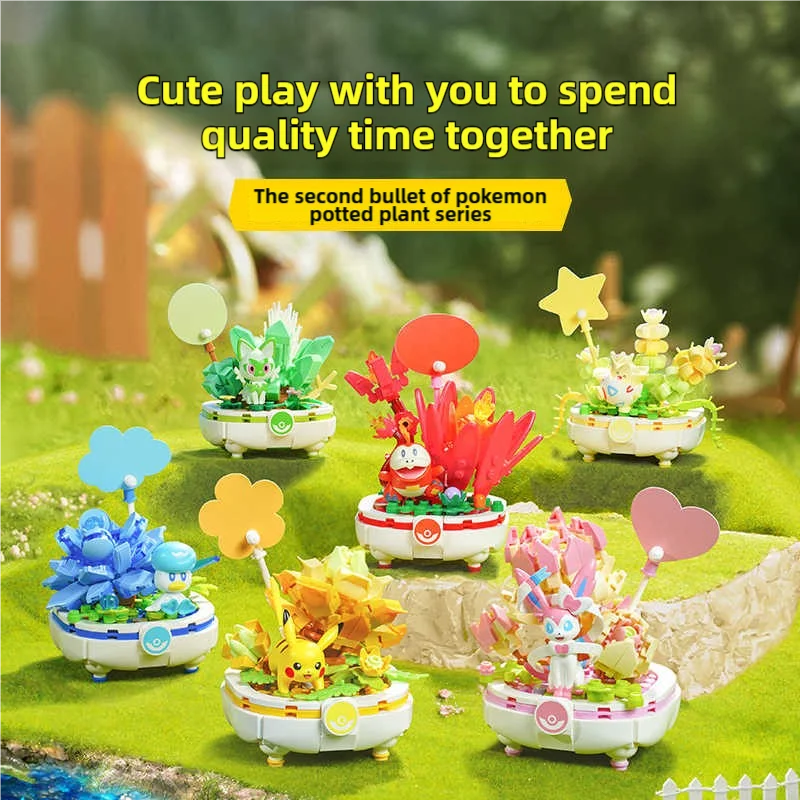 Pokemon Building Blocks Pikachu Togepi Sylveon Sprigatito Flower Plant Potted Bricks Toy Desktop Decoration Collection Kids Gift