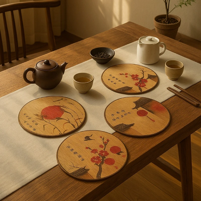 Vintage Chinese Bamboo Tea Mat Heat-Resistant Tea Table Runner Kung Fu Style Insulated Placemat with Printed Design