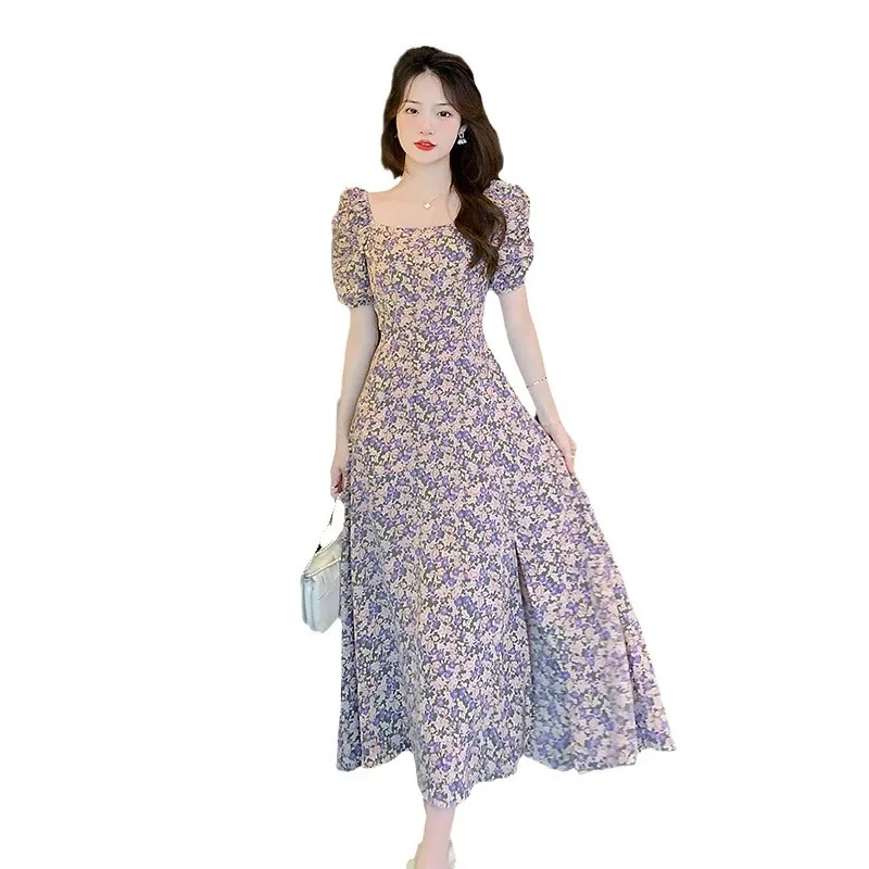 French square neck bubble sleeves floral mid length dress for women 2024 summer new collection waist cut A-line skirt trend