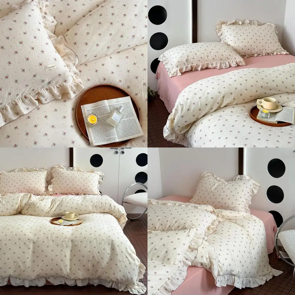 

Twin Size Soft Muslin Cotton Duvet Cover with Pink Pattern for Kids, Ruffled Edge, 2-Layer Gauze, No Quilt or Pillowcases