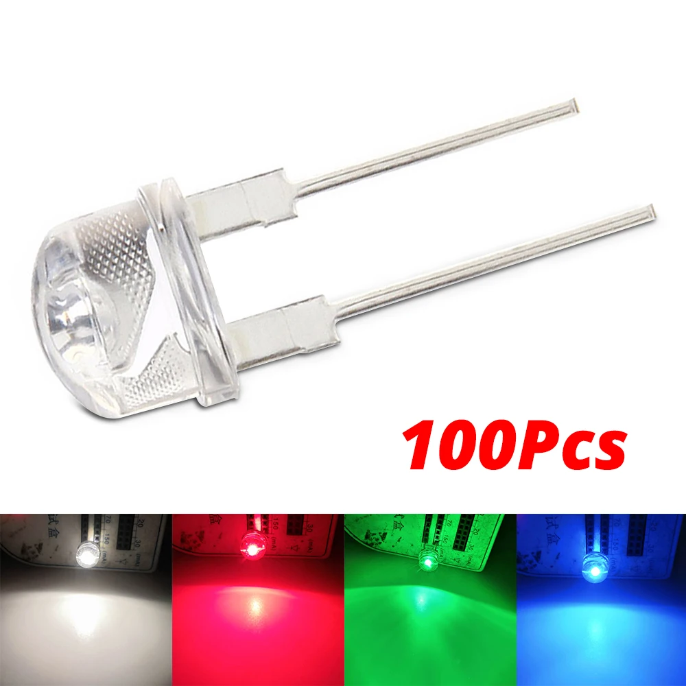 100Pcs LED 8mm Straw Hat Lamp Bead White Red Blue Green Super Bright Diode Power Light 3.4~3.6V Bulb Emitting For DIY Decoration