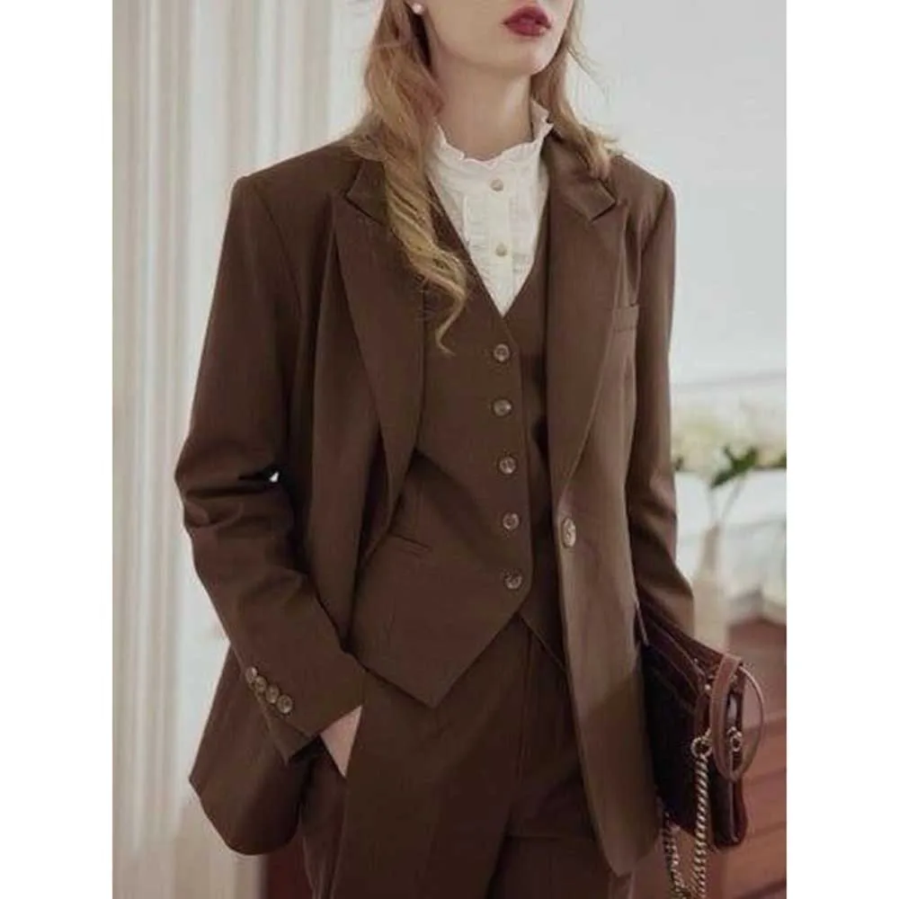 Smart Brown Winter Suits for Women Single Breasted 3 Pieces Jacket Pants Vest Female Clothing Office Banquet Lady's Costume