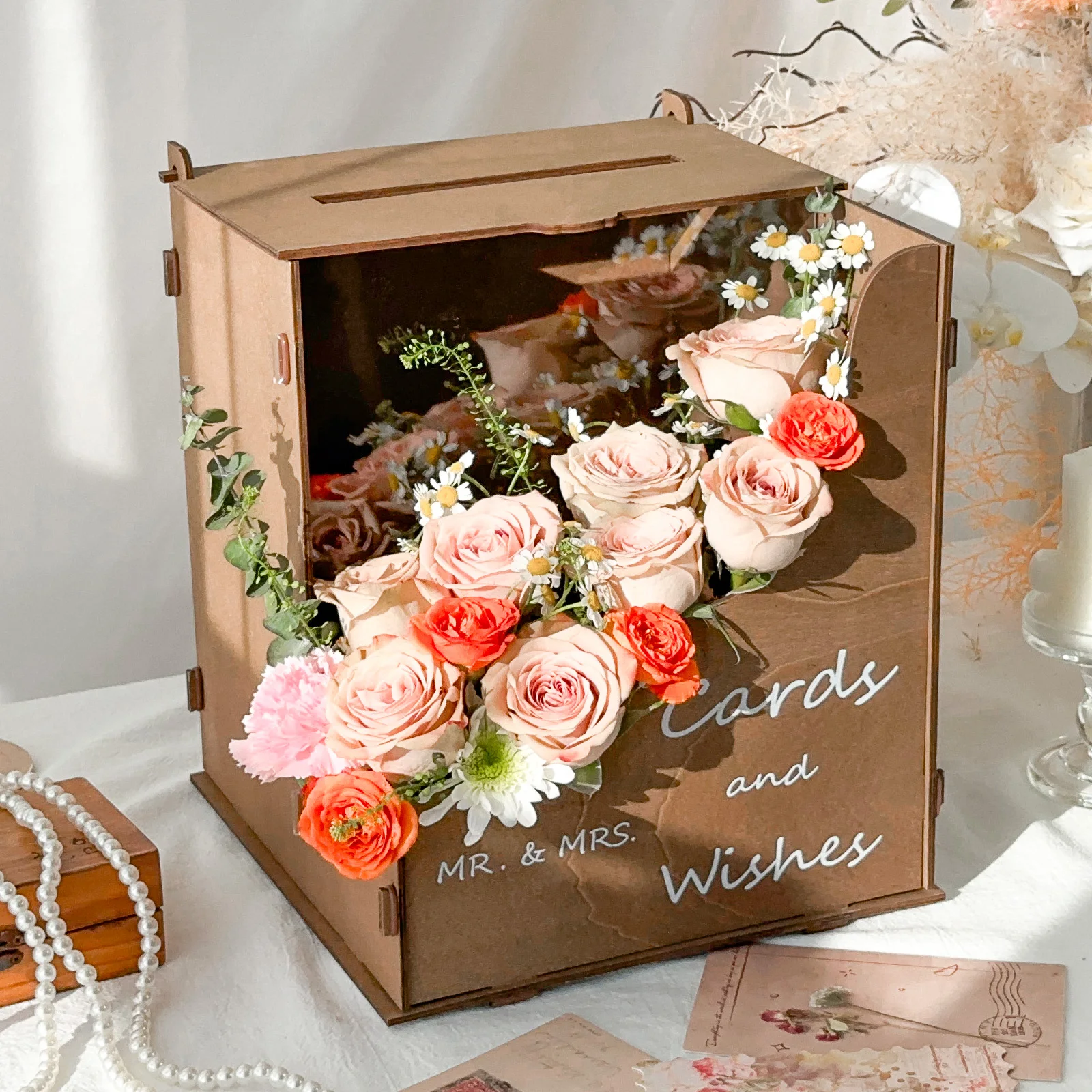 

Brown Wedding Card Box with Wave Flower Trough, Wooden Gift Card Box for Wedding Decorations Reception, Wood Money Gift Boxes