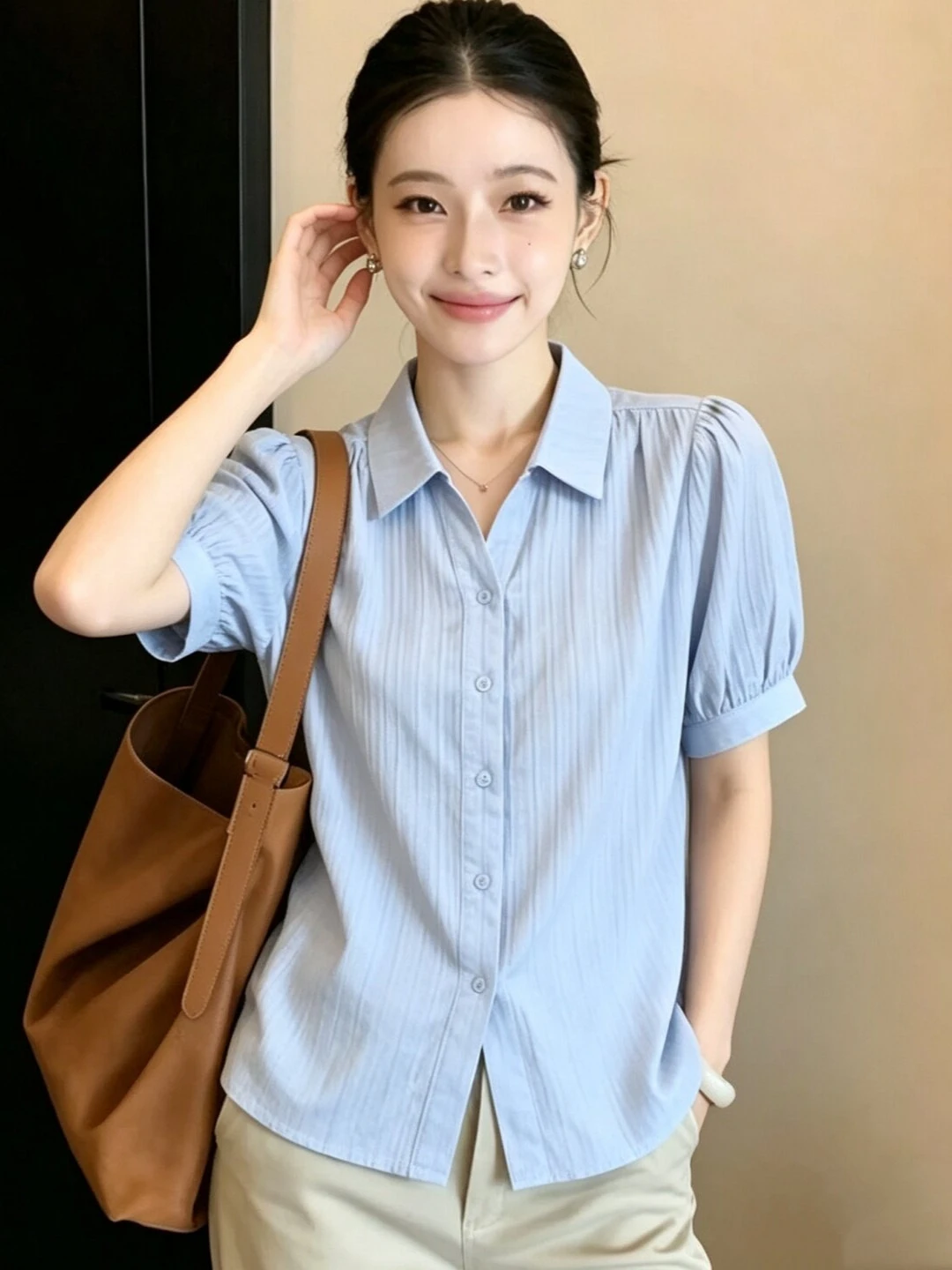 Korean Style Striped  Neck Short Sleeve Women's Shirt Summer plus Size Bubble Sleeve Top Design Sensation Casual Fashion