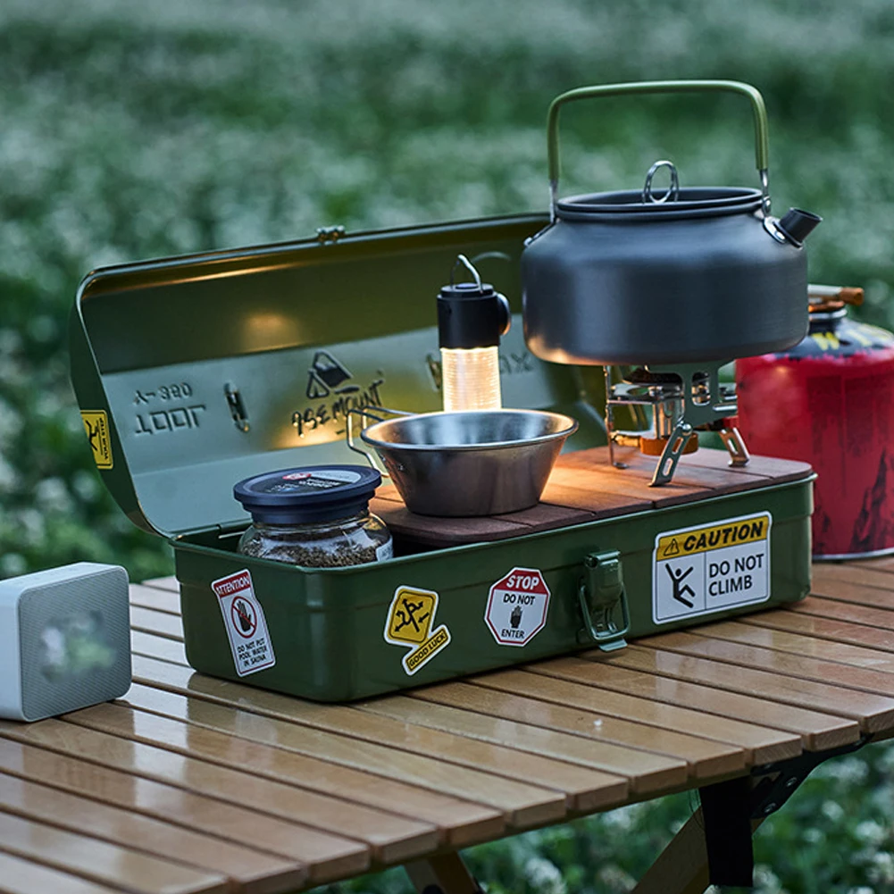 Caja de almacenamiento de herramientas al aire libre, portátil, para acampar, Picnic, de mano, de Metal, con asa, suministros de almacenamiento de