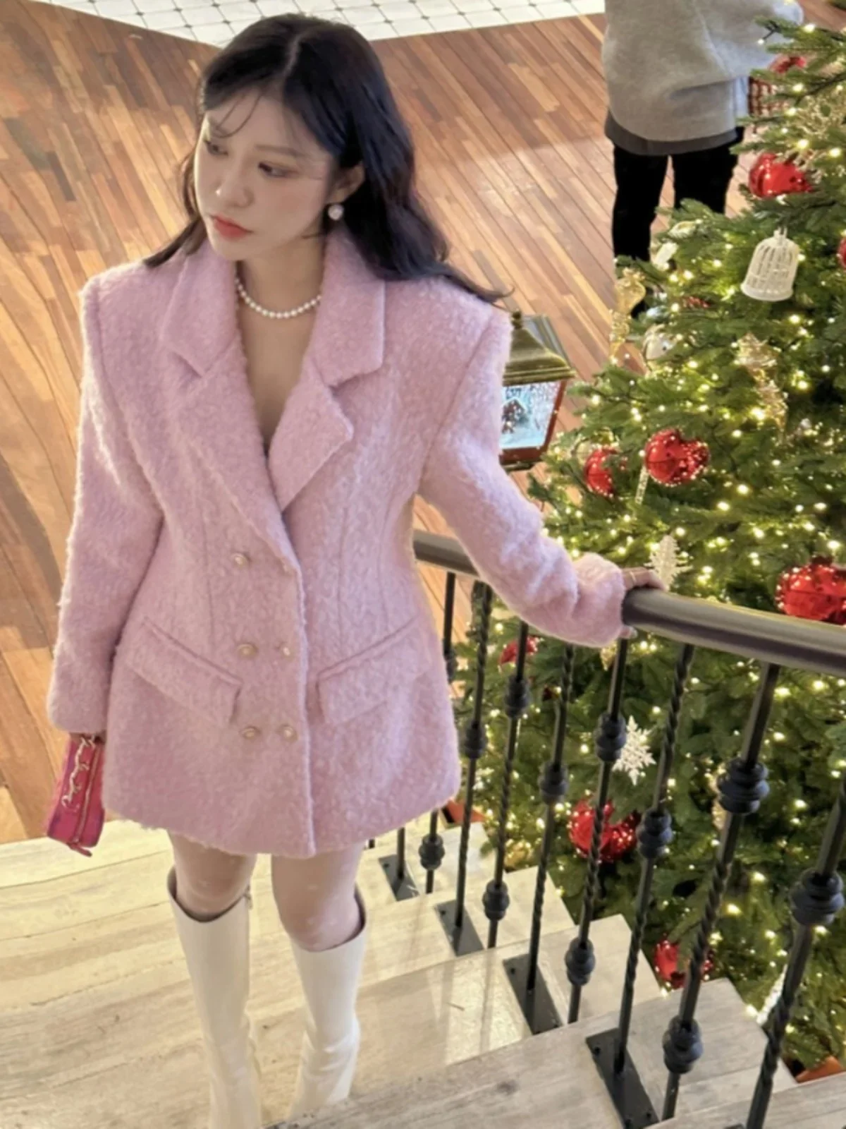 Pink Vintage Woolen Jacket Women Autumn Winter Wear Graceful Gentle Sweet Outwear Coat Female Korean Fashion Warm Coat 2024 New