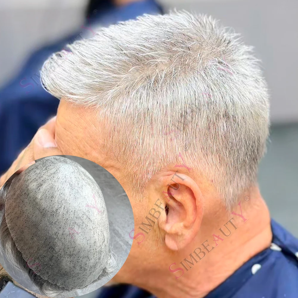 White Grey Men's Capillary Prosthesis Durable Strong Thin Skin PU Brown Europe Human Hair Cheap Man Toupee 0.1mm Silicone System