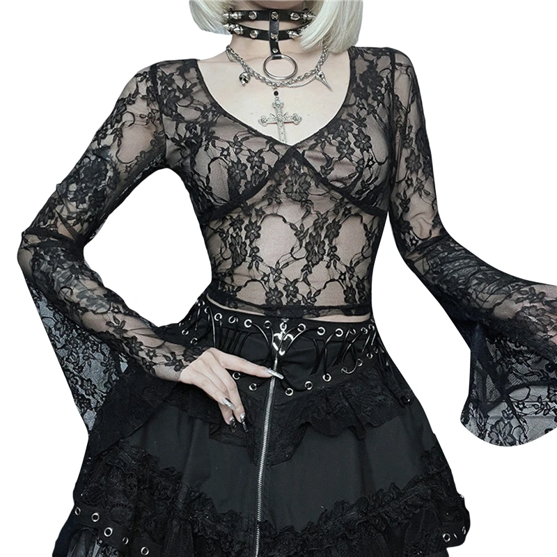 Xingqing Cyber y2k Tops Women Aesthetic See Through Floral Lace Flared Long Sleeve T Shirt 2000s Goth Grunge Clothing Streetwear