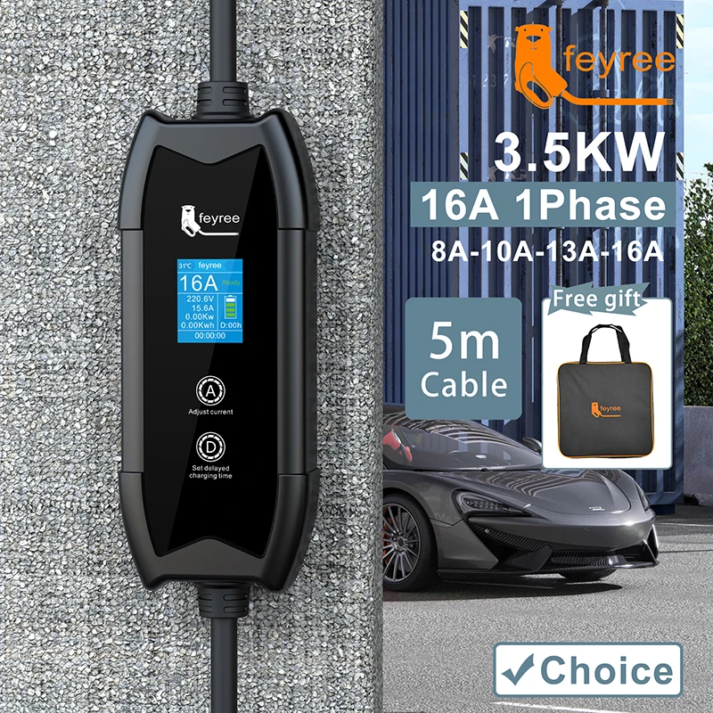 Feyree-cargador EV tipo 2 para coche eléctrico, Cable de carga de 5M, 16A, 3,5kw, GBT, tipo 1, caja de pared para vehículo eléctrico, J1772