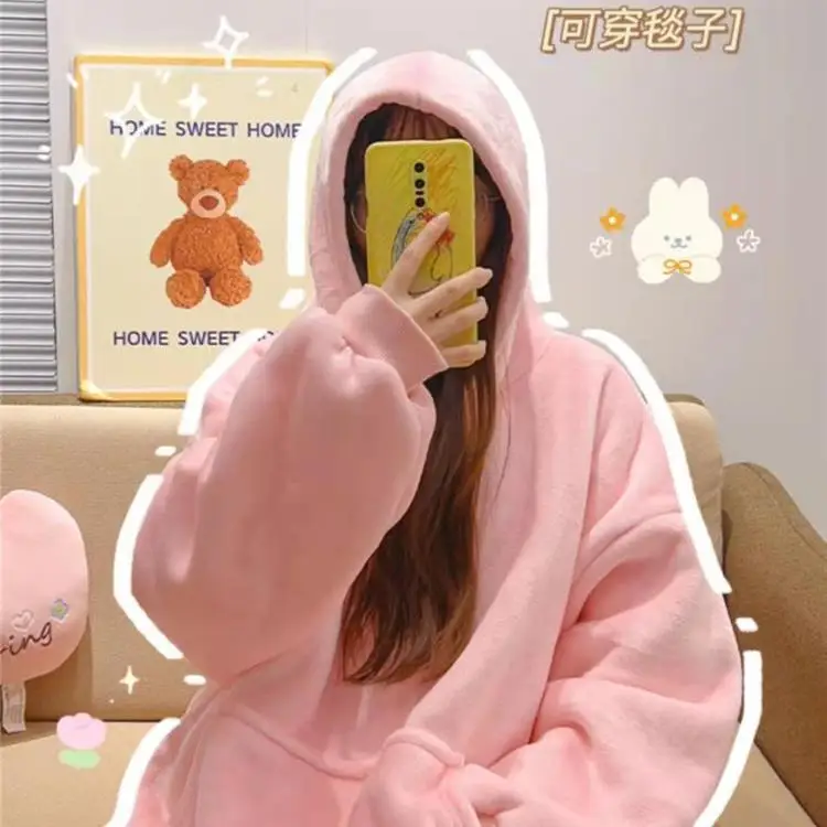 Korea Winter Oversized Hoodies Women Fleece Warm TV Blanket with Sleeves Pocket Flannel Plush Thick Sherpa Giant Hoody Long