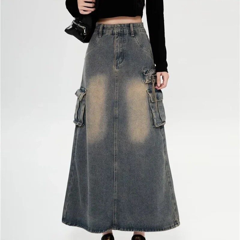 LIBIELIY 2025 Women Y2k High Waist Denim Ankle Length Cargo Skirts Girls Robe Cool Wrap Dress Female Retro Blue A Line Long Jea