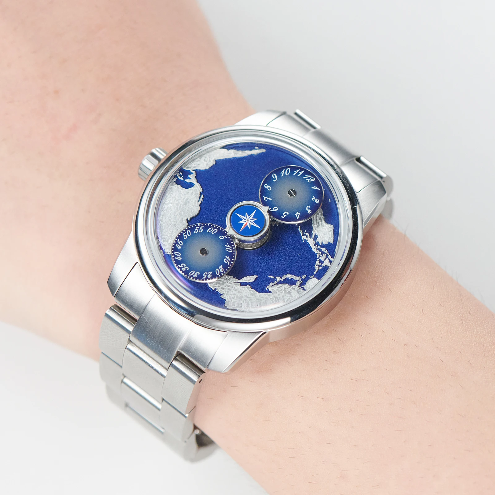 OBLVLO Fashion Stainless Steel Earth DIal Automatic Watch Blue Luminous Waterproof Mechanical Watches For Business Men JM-EARTH