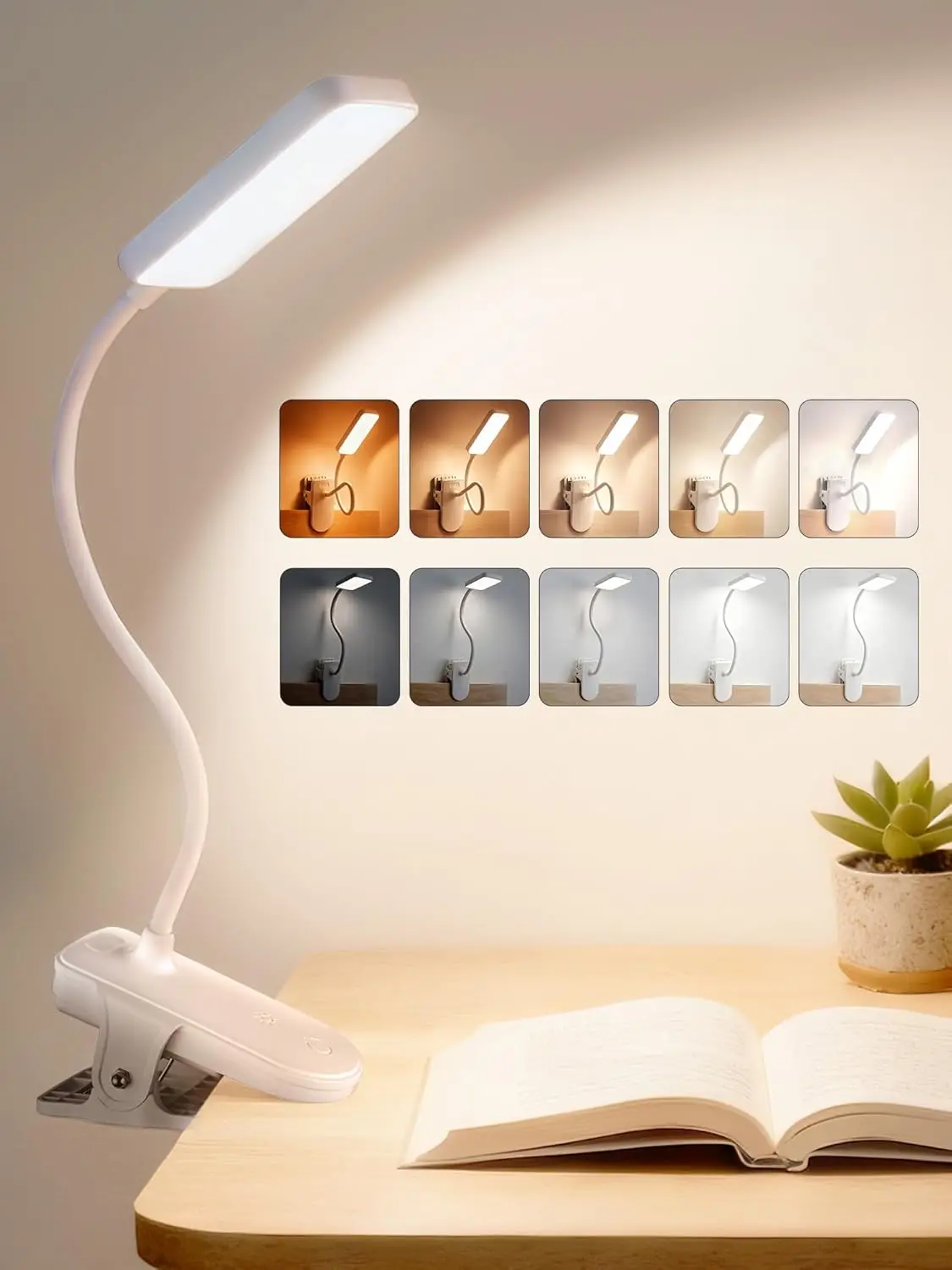 

Clip on Light, 9 Brightness+5 Color, 4000mAh Battery, 450 Lumen Rechargeable Desk Lamp with Clamp, 48 LED Reading Light for Bed