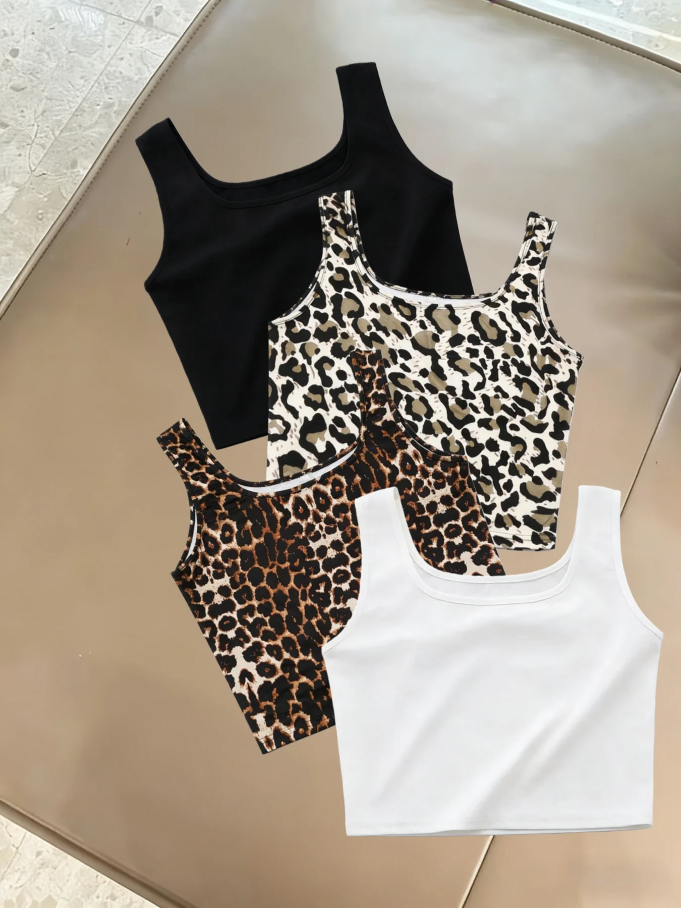 

4pcs Plus Size Women Square Neck Sleeveless Crop Tank Tops Leopard Print & Solid Color Basic Knit Cami Vest Casual Daily Inner S