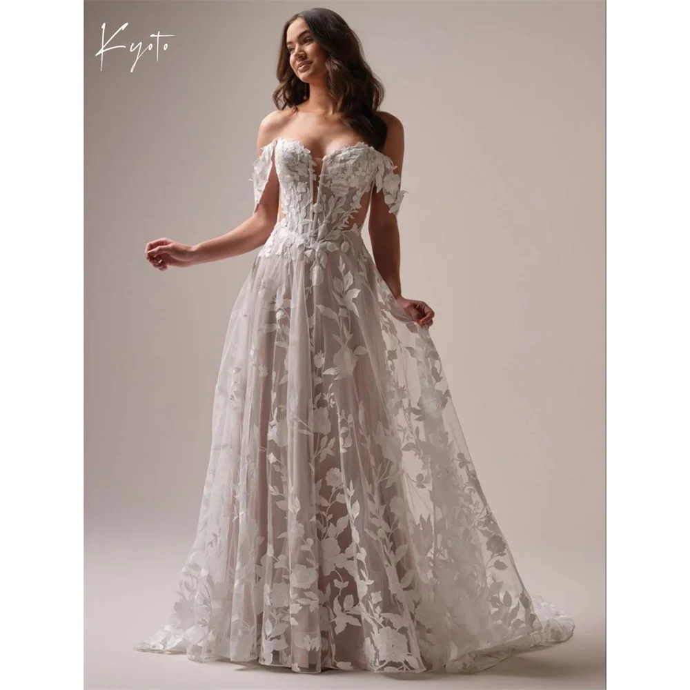 

Kyoto Customized Full Lace Flowers A-Line Wedding Dress Side Split Removable Straps فستان زفاف Long Train Formal 2025