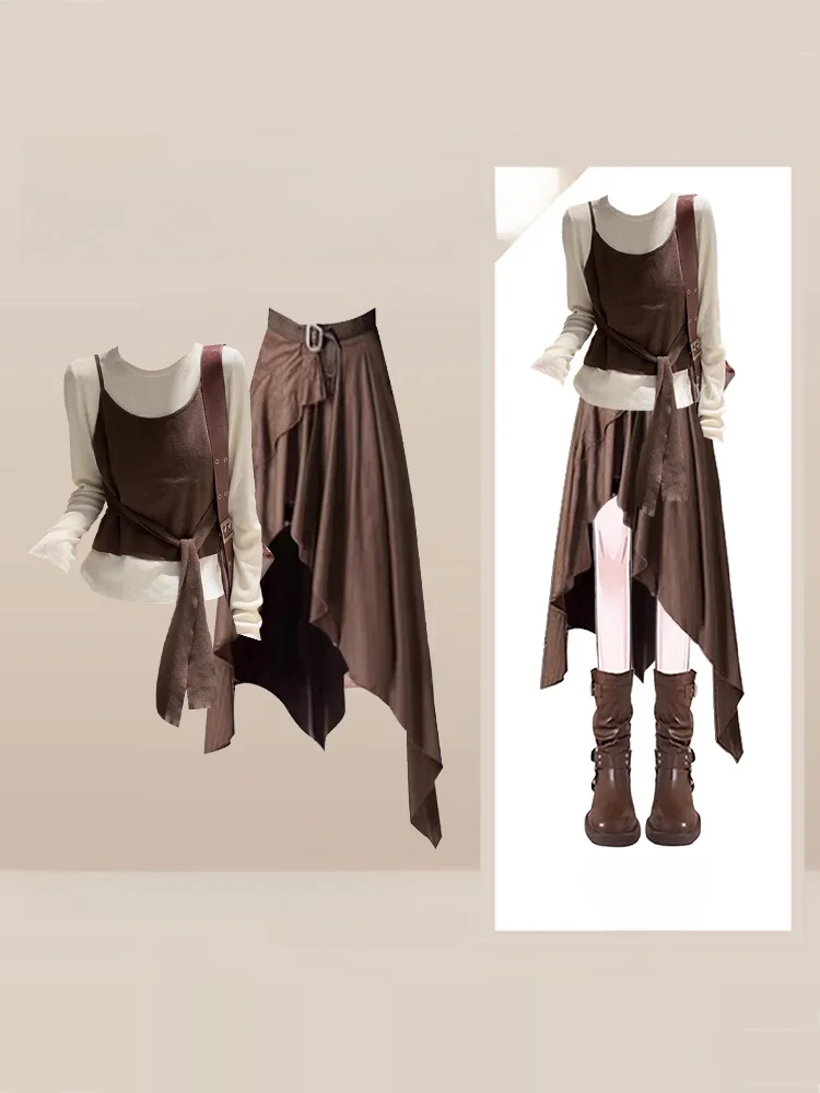 Reversible Patchwork Knitwear Sweater Women's Winter Desert Sle Asymmetrical Skirt Two-Piece Set High Waist round Ne