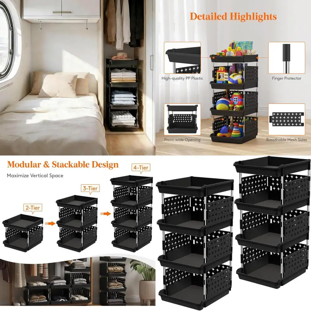 

4-ярусные складные корзины для хранения продуктов, одежды и многого другого - многофункциональные органайзеры черного цвета, 35 x 30 x 72 см
