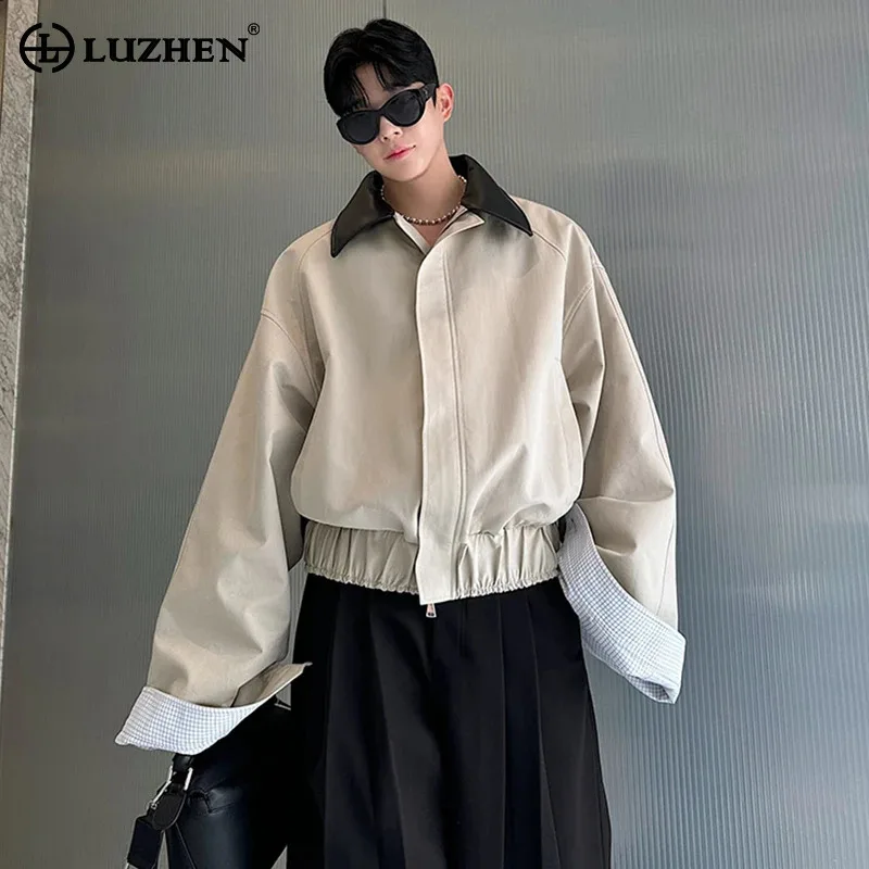 LUZHEN 2025 Spring Design Leather Collar Trendy Jacket Personalized Handsome Trendy Classy Versatile Color Contrast Tops LZ8146